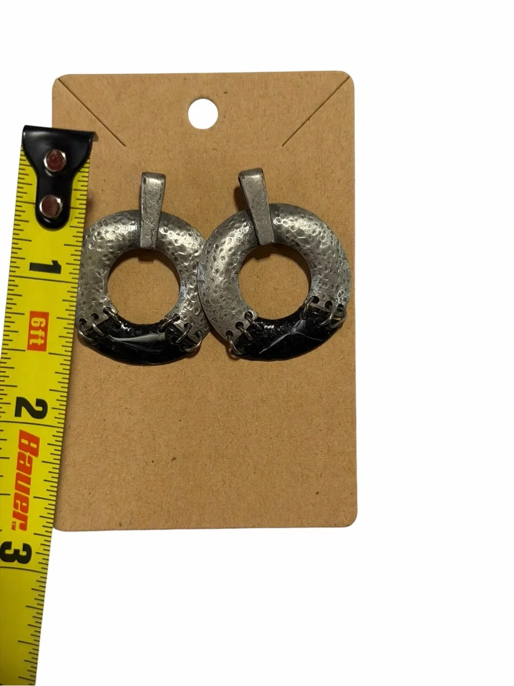 Silver and Black Hammered Circle Drop Earrings - Brand Unknown